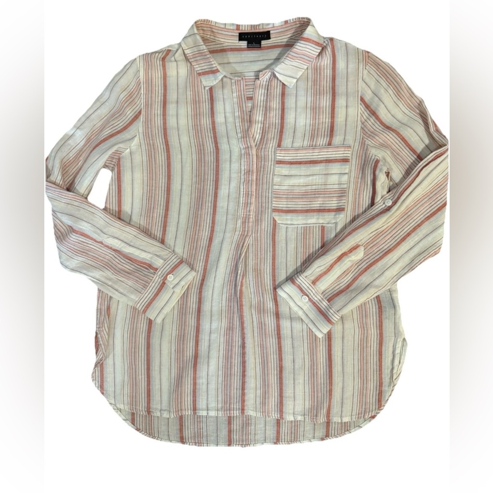 Sanctuary striped tab roll long sleeve pullover blouse